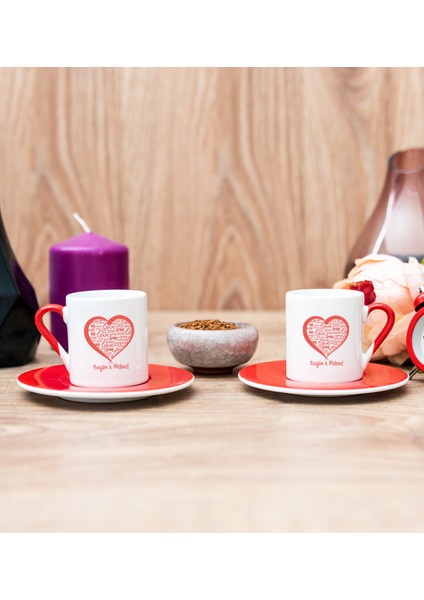 Kişiye Özel Kalpli Ikili Kırmızı Türk Kahvesi Fincanı