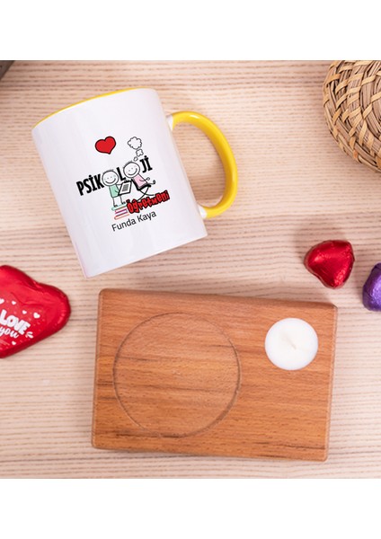 Kişiye Özel Psikoloji Öğretmeni Ahşap Altlıklı Mumlu Sarı Kupa Bardak fiyatları