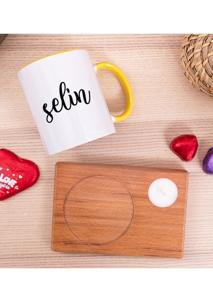 Kişiye Özel Kişiye Özel Isim Yazılı Ahşap Altlıklı Mumlu Sarı Kupa Bardak fiyatları
