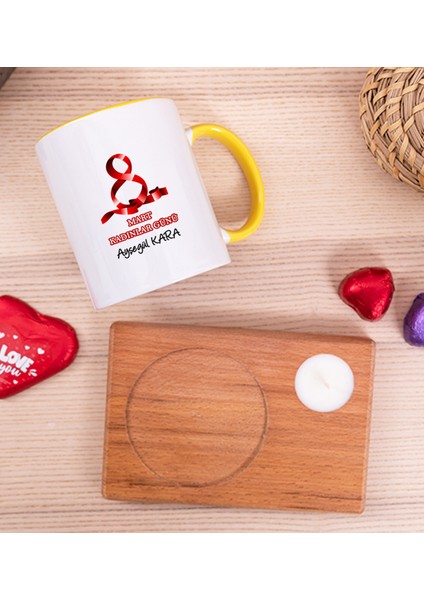 Kişiye Özel Kadınlar Günü Hediyesi Ahşap Altlıklı Mumlu Sarı Kupa Bardak fiyatları