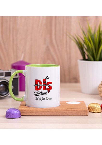 Kişiye Özel Diş Hekimi Ahşap Altlıklı Mumlu Yeşil Kupa Bardak
