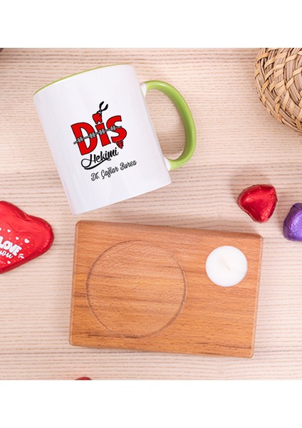 Kişiye Özel Diş Hekimi Ahşap Altlıklı Mumlu Yeşil Kupa Bardak fiyatları