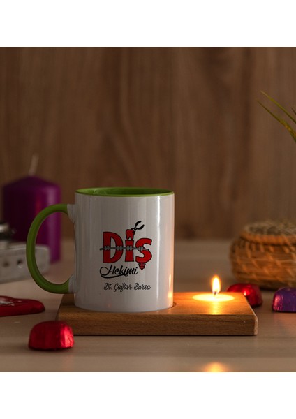Kişiye Özel Diş Hekimi Ahşap Altlıklı Mumlu Yeşil Kupa Bardak modelleri
