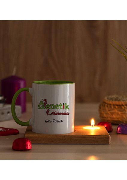 Kişiye Özel Genetik Mühendisi Ahşap Altlıklı Mumlu Yeşil Kupa Bardak modelleri