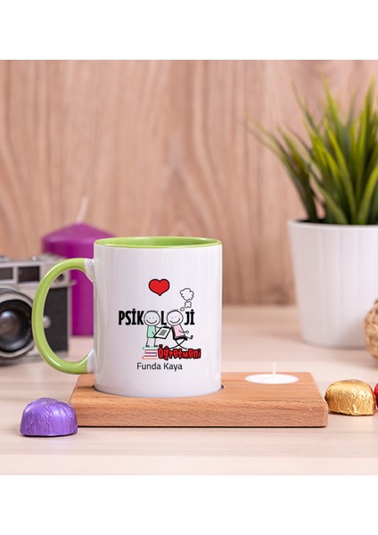 Kişiye Özel Psikoloji Öğretmeni Ahşap Altlıklı Mumlu Yeşil Kupa Bardak