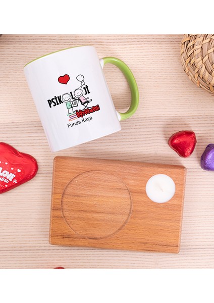 Kişiye Özel Psikoloji Öğretmeni Ahşap Altlıklı Mumlu Yeşil Kupa Bardak fiyatları