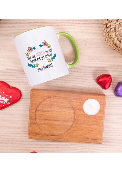 Kişiye Özel Bir Tek Annem Olsun Ahşap Altlıklı Mumlu Yeşil Kupa Bardak fiyatları