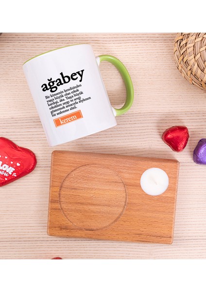 Kişiye Özel Ağabey Kelime Anlamı Ahşap Altlıklı Mumlu Yeşil Kupa Bardak fiyatları