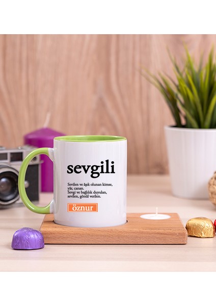 Kişiye Özel Sevgili Kelime Anlamı Ahşap Altlıklı Mumlu Yeşil Kupa Bardak