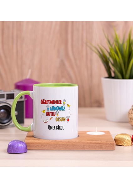 Kişiye Özel Öğretmenler Günü Ahşap Altlıklı Mumlu Yeşil Kupa Bardak