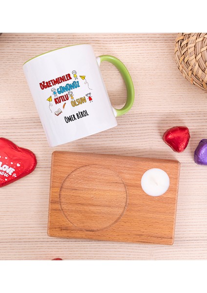 Kişiye Özel Öğretmenler Günü Ahşap Altlıklı Mumlu Yeşil Kupa Bardak fiyatları