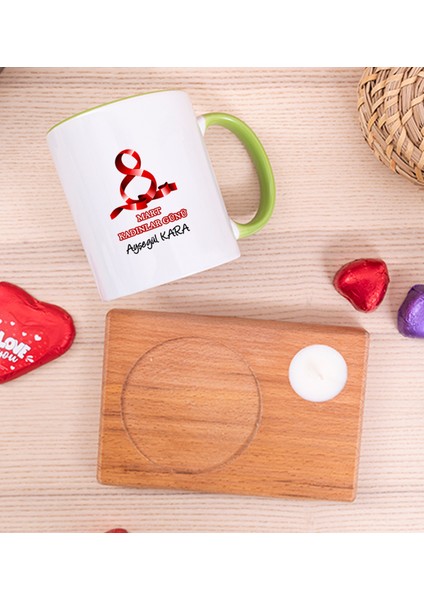 Kişiye Özel Kadınlar Günü Hediyesi Ahşap Altlıklı Mumlu Yeşil Kupa Bardak fiyatları