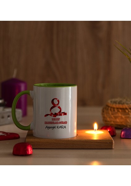 Kişiye Özel Kadınlar Günü Hediyesi Ahşap Altlıklı Mumlu Yeşil Kupa Bardak modelleri