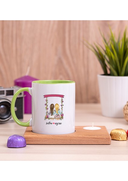 Kişiye Özel Best Friends Salıncak Tasarım Ahşap Altlıklı Mumlu Yeşil Kupa Bardak