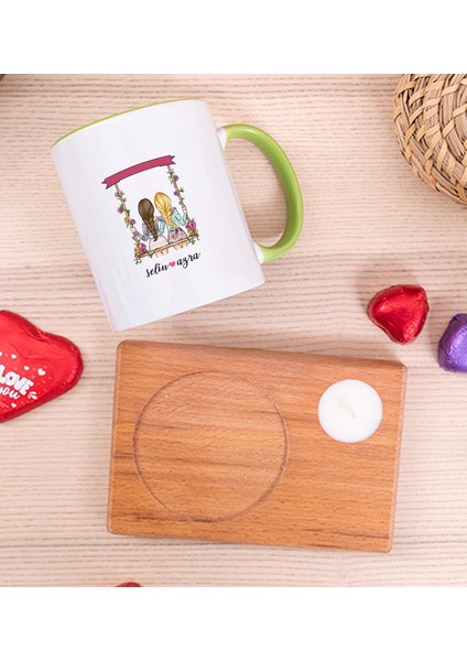 Kişiye Özel Best Friends Salıncak Tasarım Ahşap Altlıklı Mumlu Yeşil Kupa Bardak