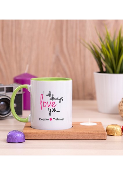 Kişiye Özel Sevgililere Özel Baskılı Ahşap Altlıklı Mumlu Yeşil Kupa Bardak