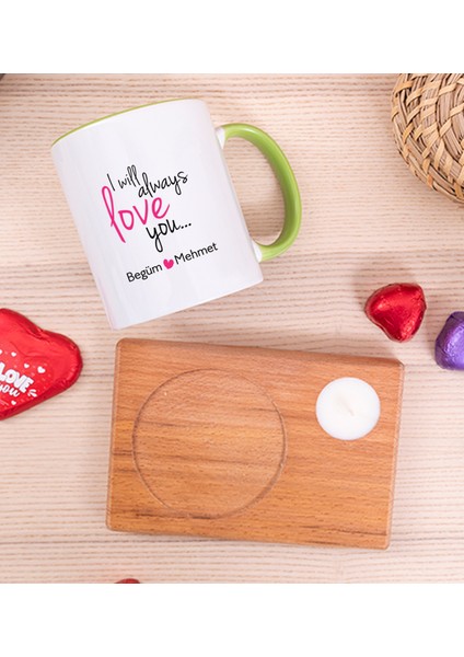 Kişiye Özel Sevgililere Özel Baskılı Ahşap Altlıklı Mumlu Yeşil Kupa Bardak fiyatları