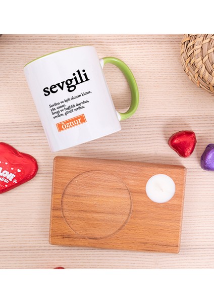 Kişiye Özel Sevgili Kelime Anlamı Ahşap Altlıklı Mumlu Yeşil Kupa Bardak fiyatları