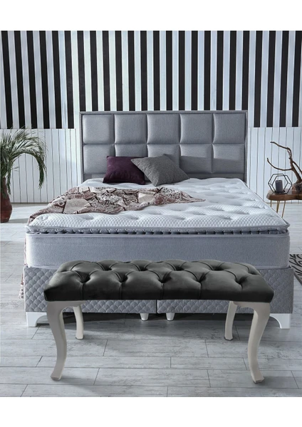 Gazzini Furniture Classic Chester Model Kapitoneli Antrasit Puf - Beyaz Ayak