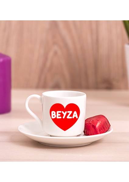 Kişiye Özel Isim Yazılı Kırmızı Kalpli Porselen Türk Kahvesi Fincanı