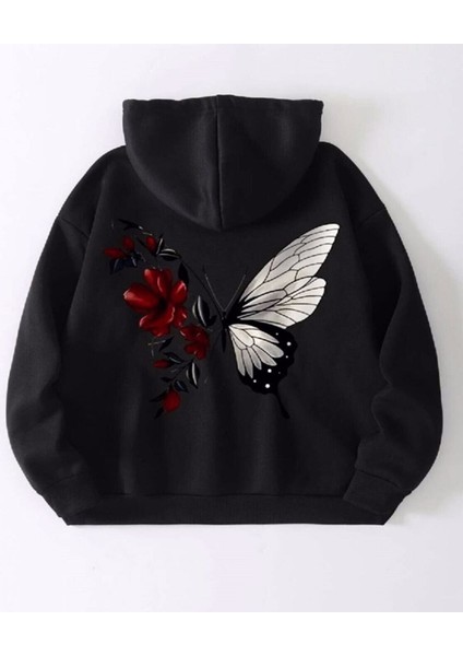 Kadın Siyah Kırmızı Kelebek Baskılı Sweatshirt