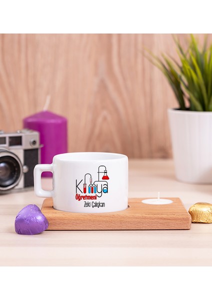 Kişiye Özel Kimya Öğretmeni Ahşap Altlıklı Mumlu Fincan