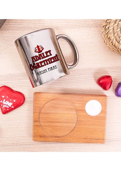 Kişiye Özel Adalet Öğretmeni Ahşap Altlıklı Mumlu Silver Kupa Bardak fiyatları