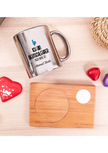 Kişiye Özel Erkek Almanca Öğretmeni Ahşap Altlıklı Mumlu Silver Kupa Bardak fiyatları