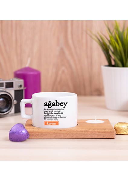 Kişiye Özel Ağabey Kelime Anlamı Ahşap Altlıklı Mumlu Fincan