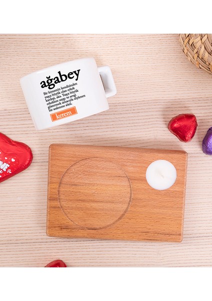 Kişiye Özel Ağabey Kelime Anlamı Ahşap Altlıklı Mumlu Fincan fiyatları