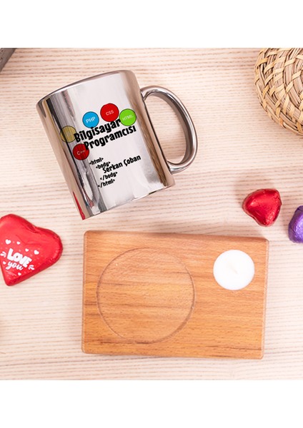 Kişiye Özel Bilgisayar Programcısı Ahşap Altlıklı Mumlu Silver Kupa Bardak fiyatları