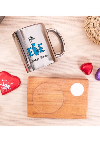 Kişiye Özel Ebe Ahşap Altlıklı Mumlu Silver Kupa Bardak fiyatları