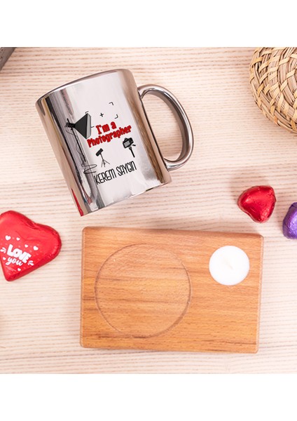 Kişiye Özel Fotoğrafçı Ahşap Altlıklı Mumlu Silver Kupa Bardak fiyatları