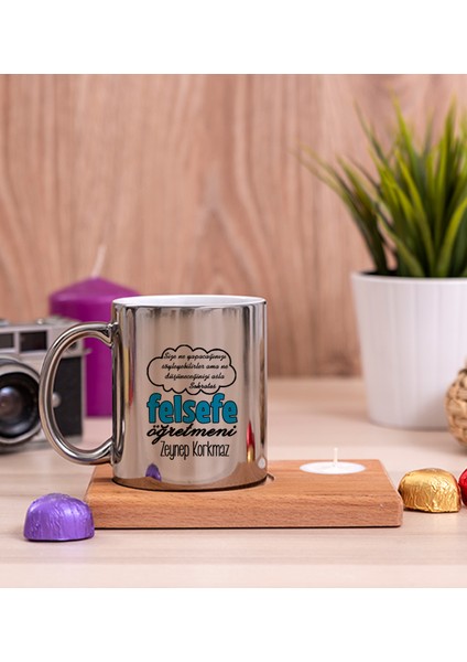 Kişiye Özel Felsefe Öğretmeni Ahşap Altlıklı Mumlu Silver Kupa Bardak