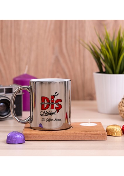 Kişiye Özel Diş Hekimi Ahşap Altlıklı Mumlu Silver Kupa Bardak