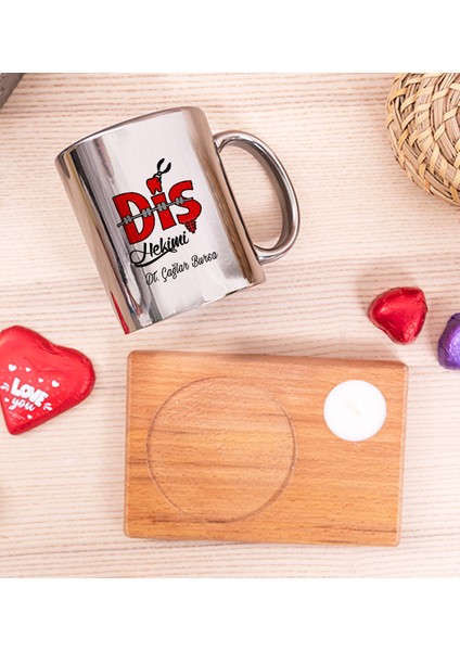 Kişiye Özel Diş Hekimi Ahşap Altlıklı Mumlu Silver Kupa Bardak fiyatları