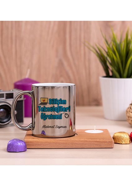 Kişiye Özel Bilişim Teknolojileri Öğretmeni Ahşap Altlıklı Mumlu Silver Kupa Bardak