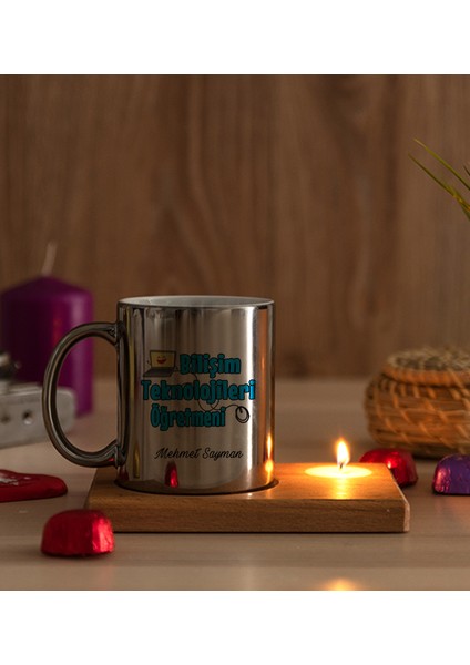 Kişiye Özel Bilişim Teknolojileri Öğretmeni Ahşap Altlıklı Mumlu Silver Kupa Bardak modelleri