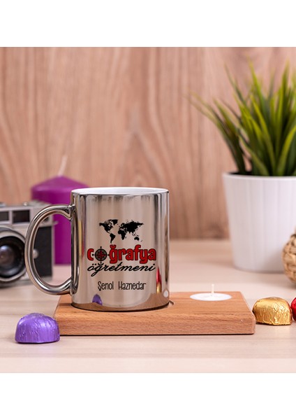 Kişiye Özel Coğrafya Öğretmeni Ahşap Altlıklı Mumlu Silver Kupa Bardak