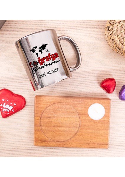 Kişiye Özel Coğrafya Öğretmeni Ahşap Altlıklı Mumlu Silver Kupa Bardak fiyatları