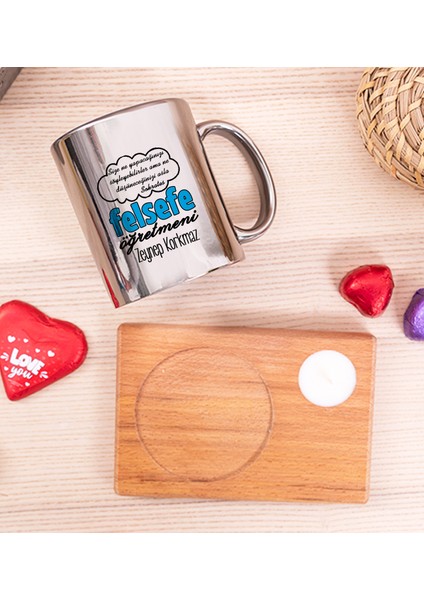 Kişiye Özel Felsefe Öğretmeni Ahşap Altlıklı Mumlu Silver Kupa Bardak fiyatları