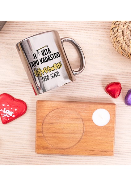 Kişiye Özel Harita Tapu Kadastro Öğretmeni Ahşap Altlıklı Mumlu Silver Kupa Bardak fiyatları