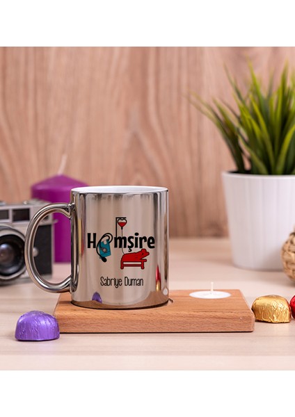 Kişiye Özel Hemşire Ahşap Altlıklı Mumlu Silver Kupa Bardak