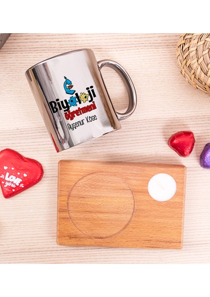 Kişiye Özel Biyoloji Öğretmeni Ahşap Altlıklı Mumlu Silver Kupa Bardak fiyatları