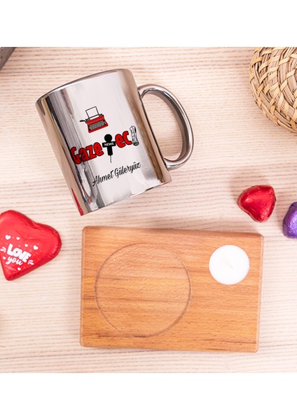 Kişiye Özel Gazeteci Ahşap Altlıklı Mumlu Silver Kupa Bardak fiyatları