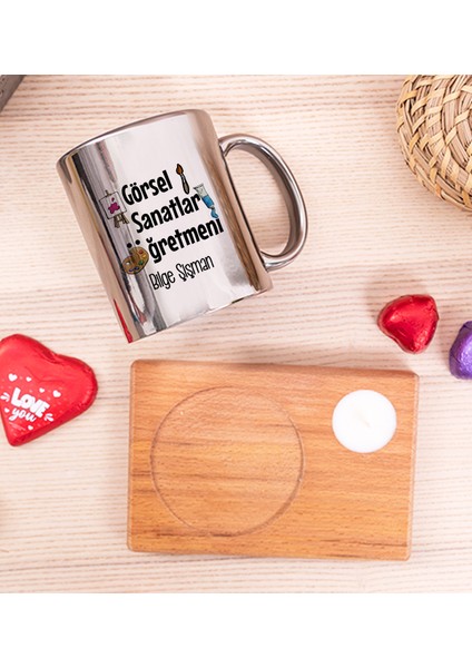 Kişiye Özel Görsel Sanatlar Öğretmeni Ahşap Altlıklı Mumlu Silver Kupa Bardak fiyatları