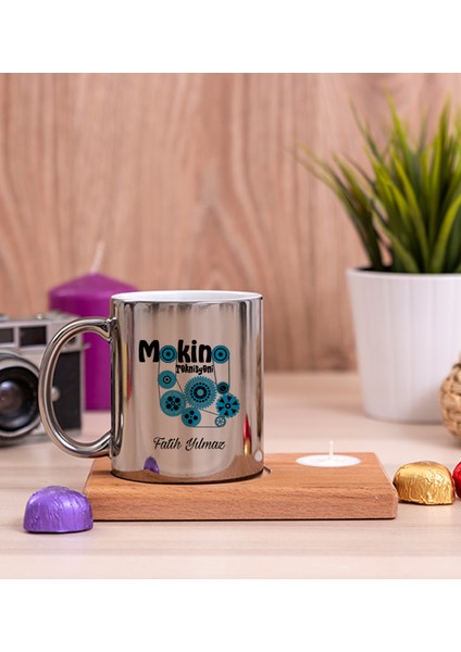 Kişiye Özel Makine Teknisyeni Ahşap Altlıklı Mumlu Silver Kupa Bardak