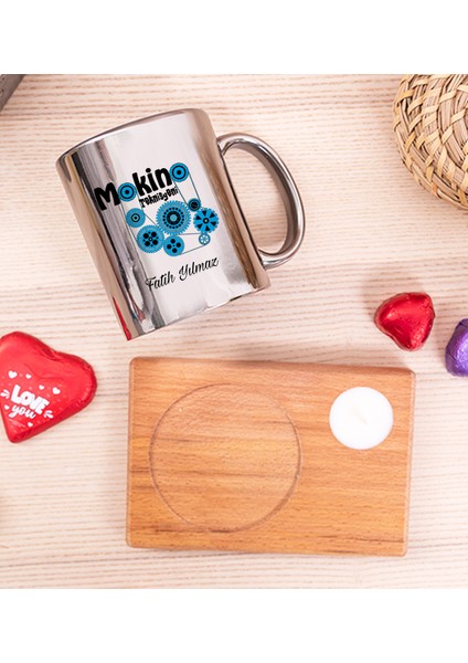 Kişiye Özel Makine Teknisyeni Ahşap Altlıklı Mumlu Silver Kupa Bardak fiyatları