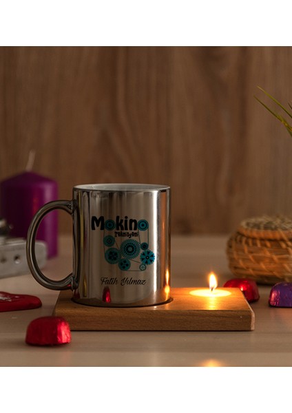 Kişiye Özel Makine Teknisyeni Ahşap Altlıklı Mumlu Silver Kupa Bardak modelleri