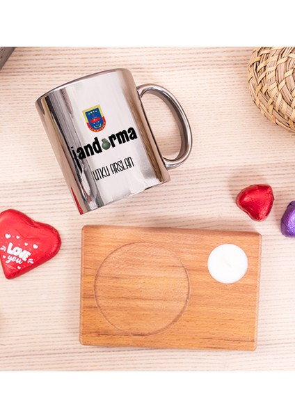 Kişiye Özel Jandarma Ahşap Altlıklı Mumlu Silver Kupa Bardak fiyatları